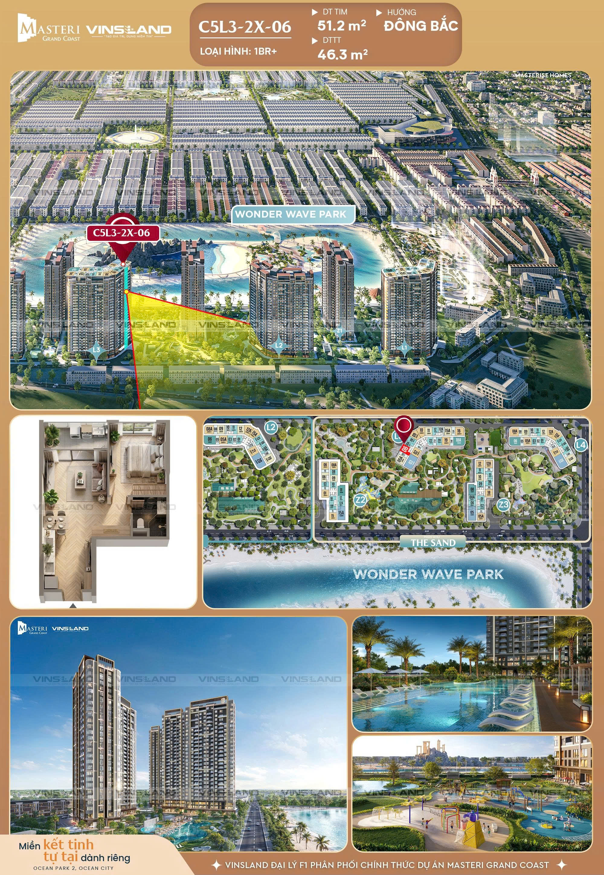🌿 Căn hộ 1 phòng ngủ Masteri Grand Coast hướng Đông Bắc, gần Wonder Wave Park